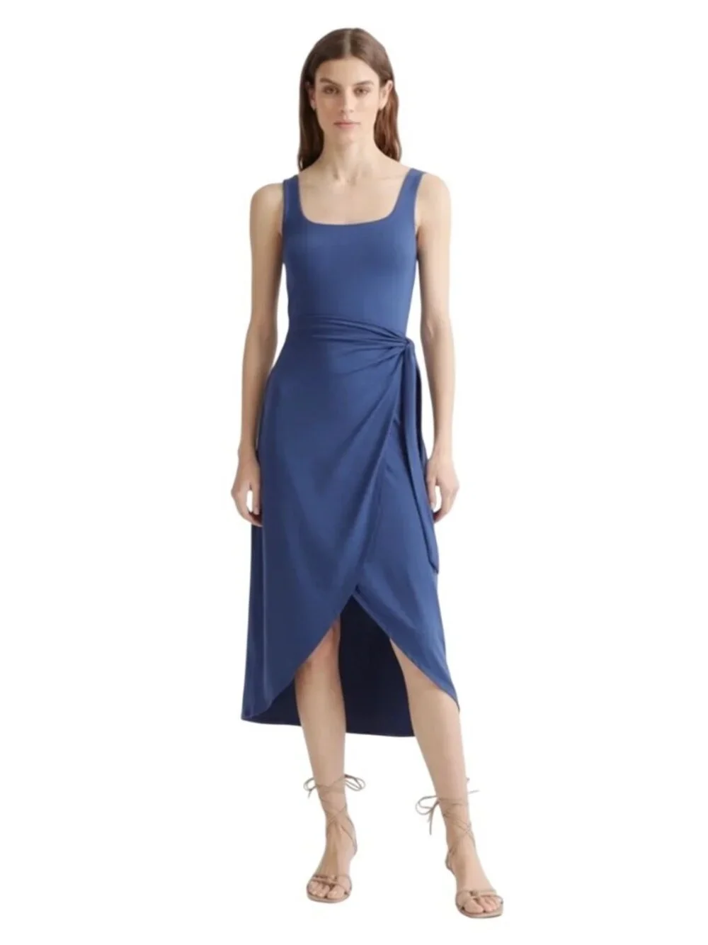 Quince Tencel Jersey Side Tie Midi Dress Navy Blue Sz SM Minimalist Comfort - Picture 1 of 9